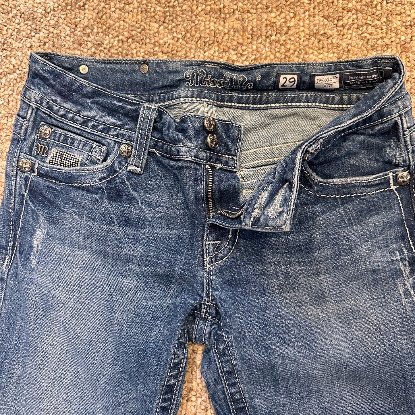 Y2K Womens 29 Miss Me JP5010 Boot Cut Angel Wing Bling Jewels Blue Jeans