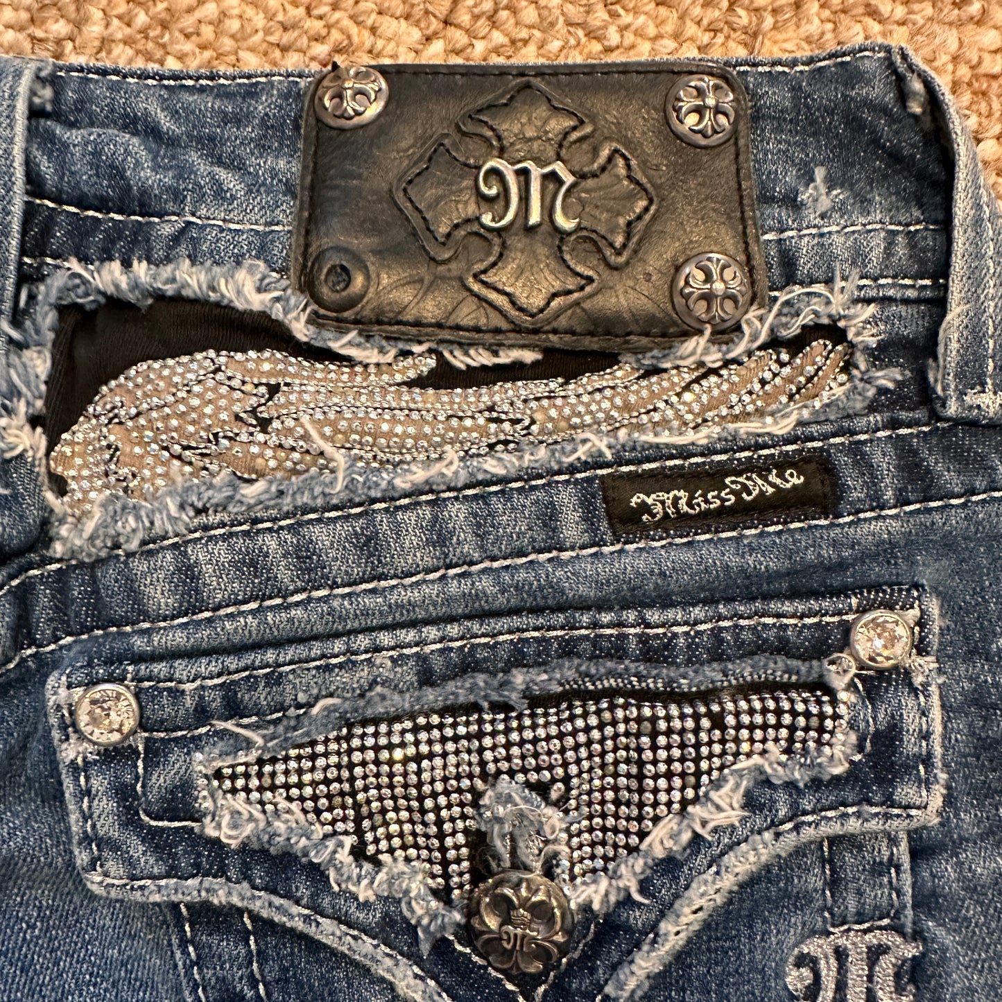 Y2K Womens 29 Miss Me JP5010 Boot Cut Angel Wing Bling Jewels Blue Jeans
