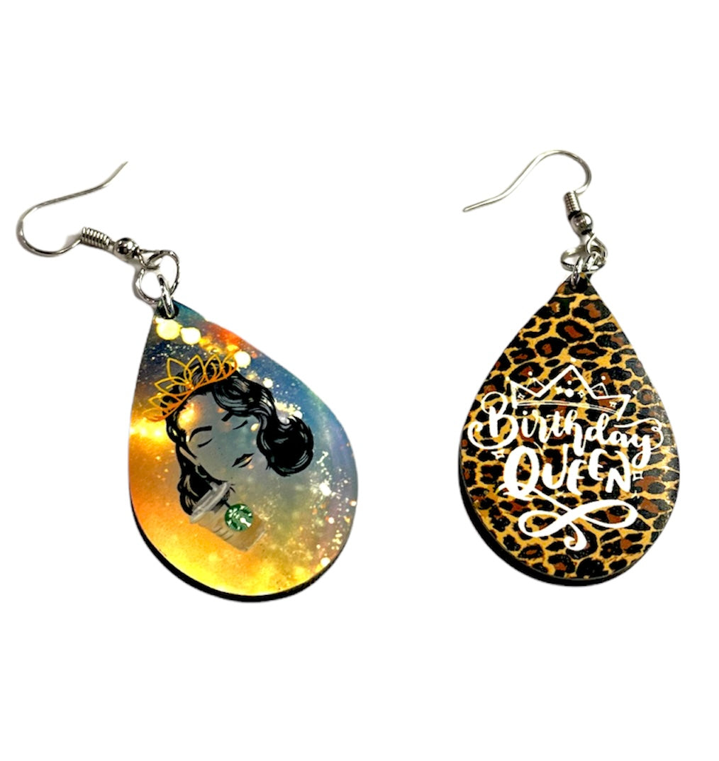 Birthday QUEEN Leopard Print Dangle Teardrop Handmade Earrings
