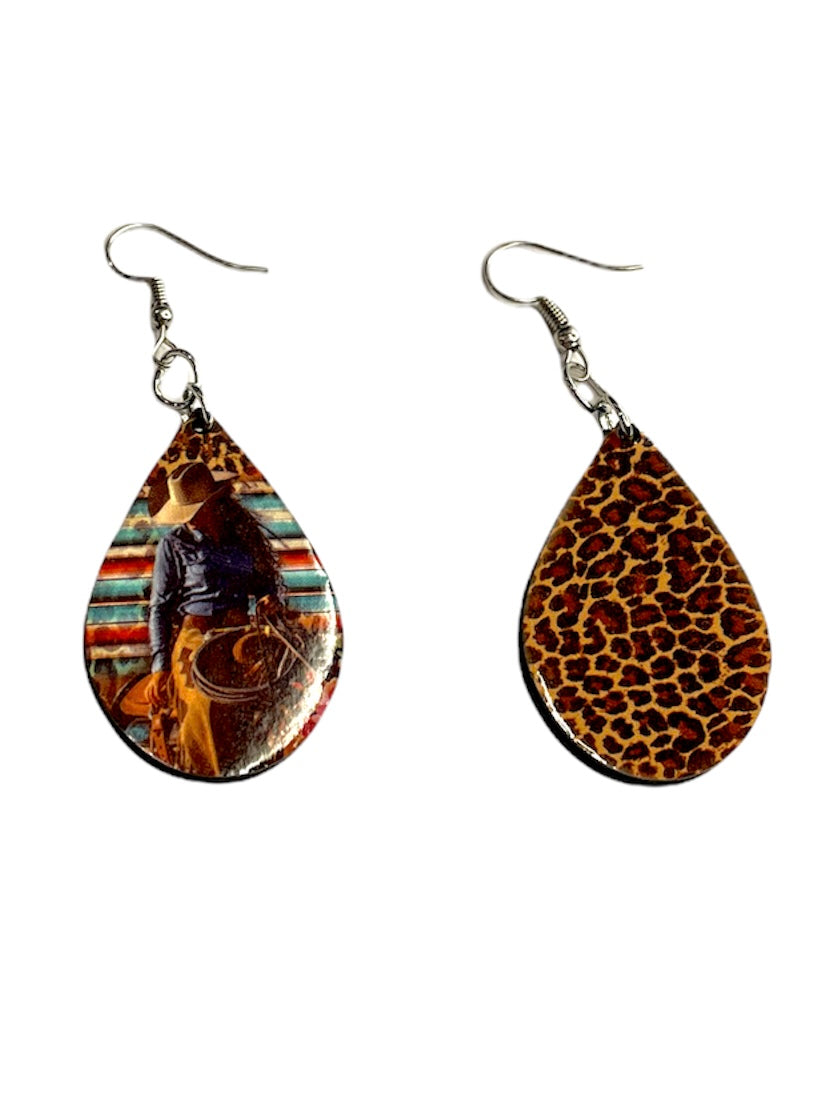Western Rodeo Cowgirl on horse Leopard Print Dangle Teardrop Handmade Earrings