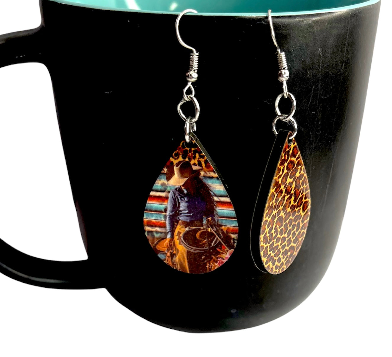 Western Rodeo Cowgirl on horse Leopard Print Dangle Teardrop Handmade Earrings