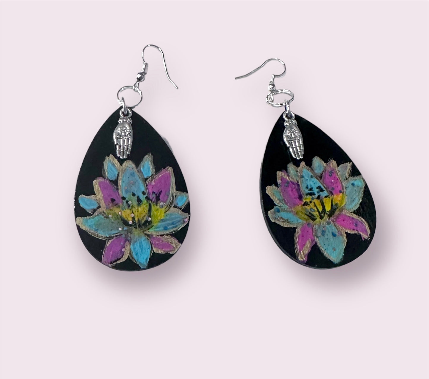 Hand Painted Lotus Flower OM Hamsa Wood Earrings One of a Kind