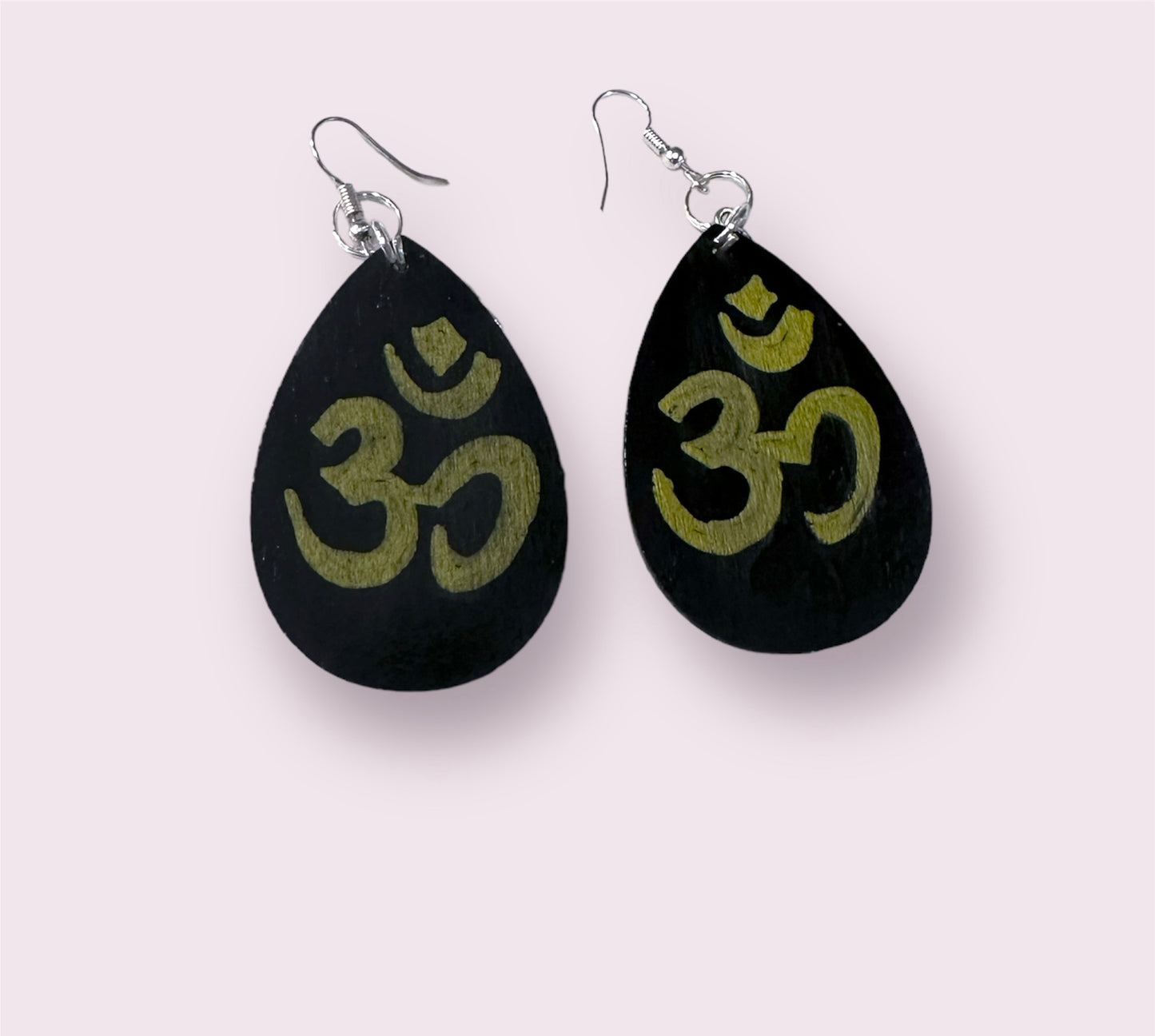 Hand Painted Lotus Flower OM Hamsa Wood Earrings One of a Kind
