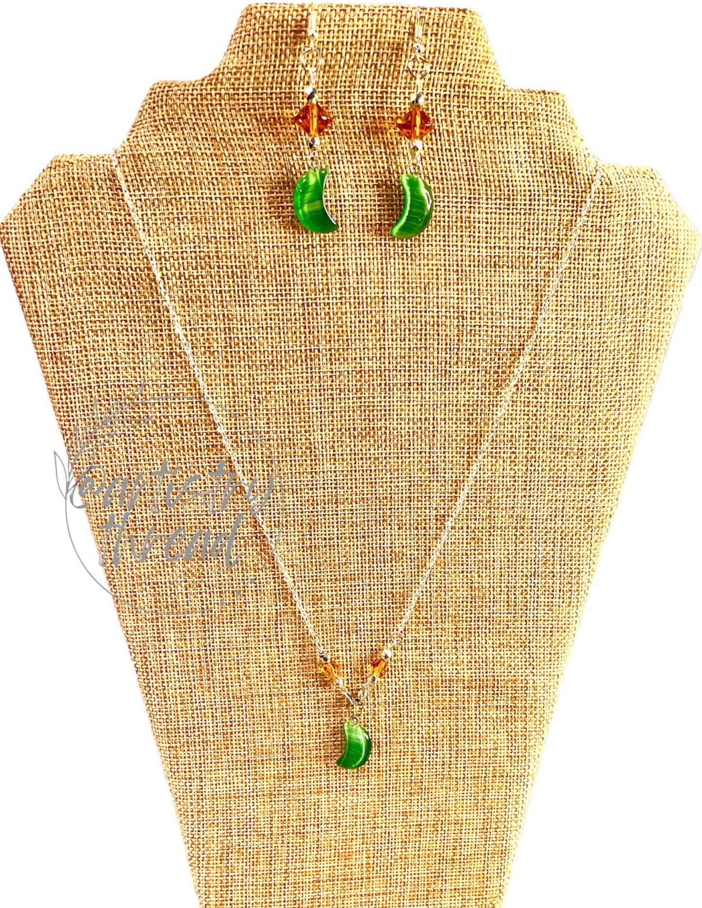 Malachite Moon Gemstone Necklace & Earrings Handcrafted Set
