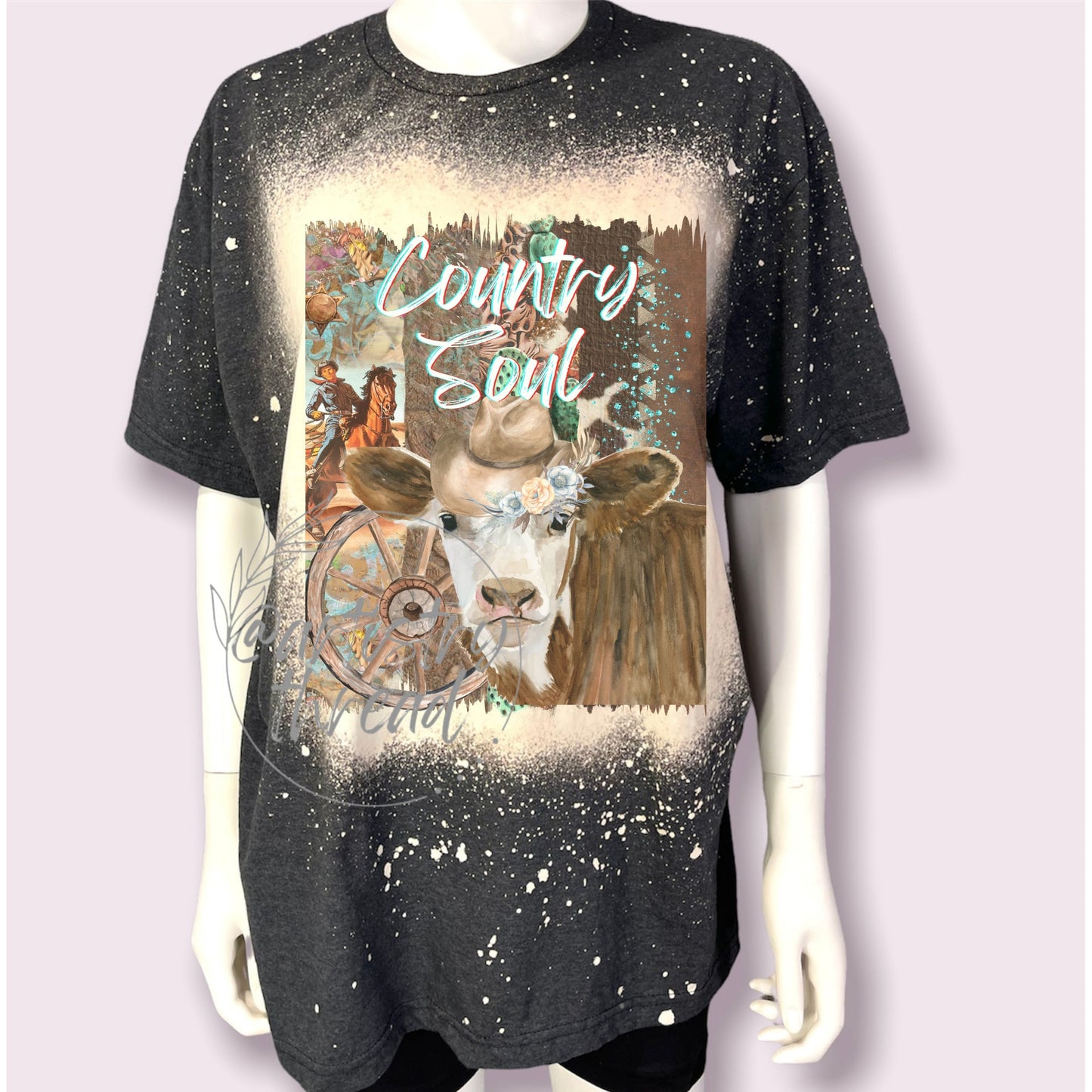 WESTERN Country Soul Cow Bleached handmade black shirt