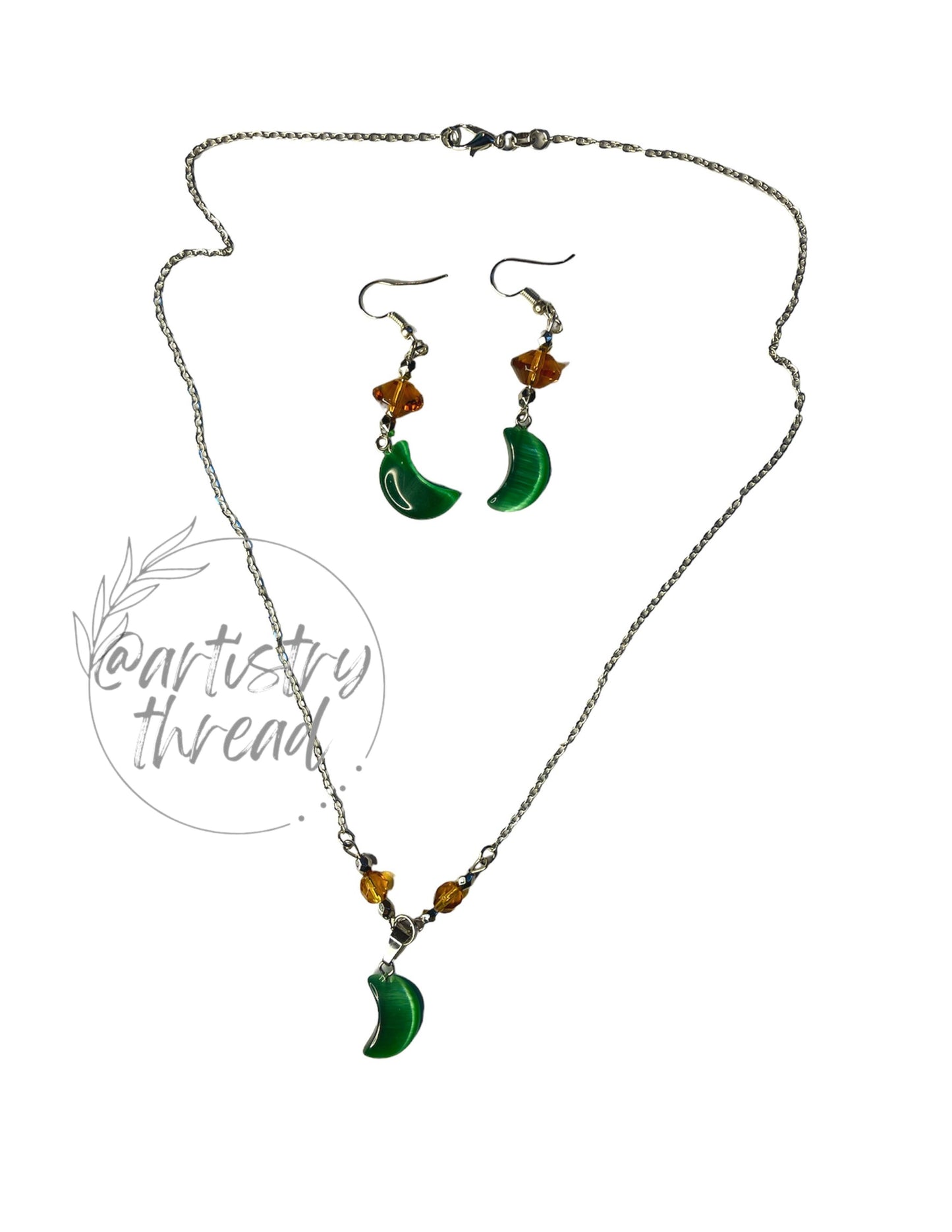 Malachite Moon Gemstone Necklace & Earrings Handcrafted Set