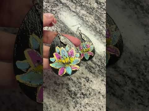 Hand Painted Lotus Flower OM Hamsa Wood Earrings One of a Kind